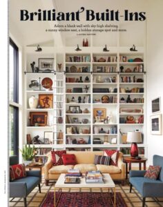 The cover of a Good Housekeeping article titled "Brilliant Built-Ins" shows a living area with couches and floor-to-ceiling built-in bookshelves.
